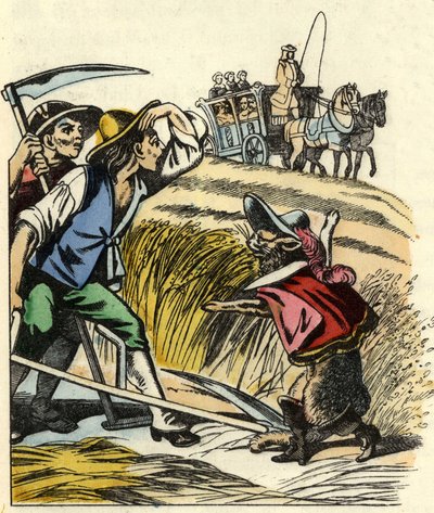Katten tvinger bønderne til at sige, at marken, hvor de slår hveden, tilhører Marquis de Carabas. Illustration af fortællingen "The cat botte" af Charles Perrault af Unknown artist