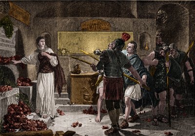 Katakomberne i Rom blev brugt til at begrave kristne martyrer i det første århundrede uden at støde på nogen forhindringer fra romerne. Omkring 257, under kejser Valerians regeringstid, begyndte forfølgelsen af de døde, og mange kristne blev forfulgt og ja af Unknown artist