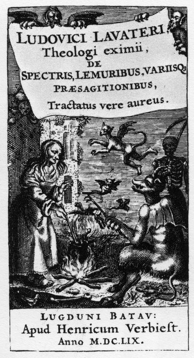 Heksens gryde - Frontispice af bogen "" De spectris lemuribus et magnis "" af Ludwig Lavater (1527-1586) - 1659 af Unknown artist