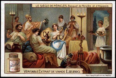 Perikles århundrede (495-429 f.Kr.): festmåltid for Perikles og Aspasie (470-400 f.Kr.) - Liebig-kromolitografi af Unknown artist