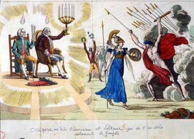 Lumieres århundrede: filosofferne Jean Jacques Rousseau og Voltaire, fra fortiden til fortiden, oplyser folket - allegori af Unknown artist