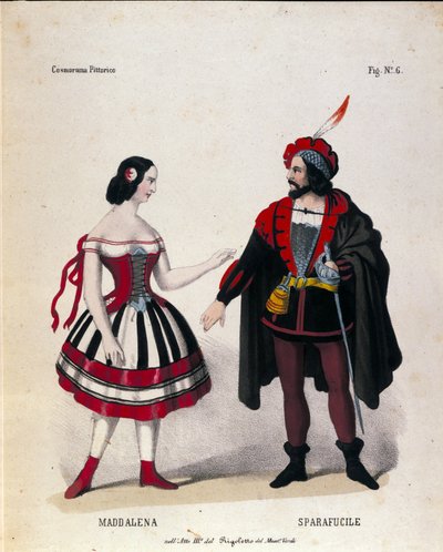 Karaktererne af Maddalena og Sparafucile i tredje akt af operaen "" Rigoletto"" af komponisten Giuseppe Verdi (1813-1901) af Unknown artist