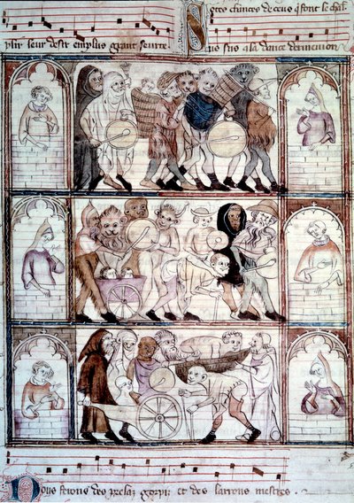 Charivari-festen til Fauvels bryllup. Procession af musikere og transvestitter. Miniature fra manuskriptet "Le roman de fauvel" af Gervais du Bus (Gerves du Bus) af Unknown artist