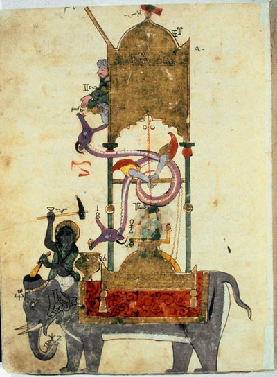 Klepsydraen har elefanten Dette er en middelalderlig muslimsk opfindelse bestående af et elefantformet vandur designet af den tyrkiske ingeniør Ibn al-Rajjaj al-Jazari (Al Rajjaj Al Jazari) (1136-1206) omkring 1200. Opfindelse designet af den tyrkiske moto af Unknown artist