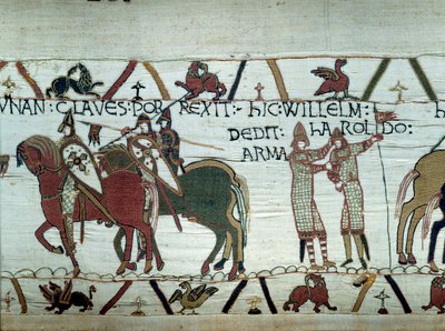 Erobringen af Bretagne af hertugen af Normandiet Vilhelm Erobreren (1027-1087): til venstre modtager hertugen nøglerne til byen Dinan, til højre gør han til ridder Harold, sendt af den engelske konge Edward Bekenderen Detalje af tapetet af af Unknown artist