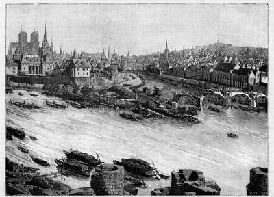 Byggeriet af Pont Neuf i Paris, der passerer gennem Square du Vert-Galant for enden af Ile de la Cite. De første værker i 1578. Indgravering i "" Le Monde illustrious"" af Unknown artist