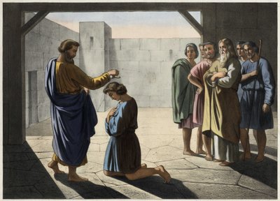 Davids kroning: Samuel udpeger David til Israels konge. Anonym gravering af det 19. århundrede. af Unknown artist