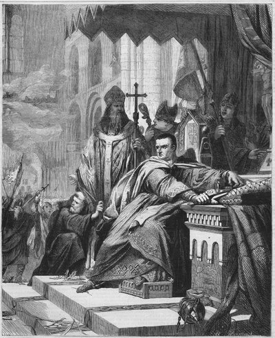 Kroningen af Vilhelm I Erobreren (1027 til 1087) i 1066. Hertug af Normandiet (1035 - 1087) og konge af England (1066 - 1087). Indgravering af det 19. århundrede. af Unknown artist