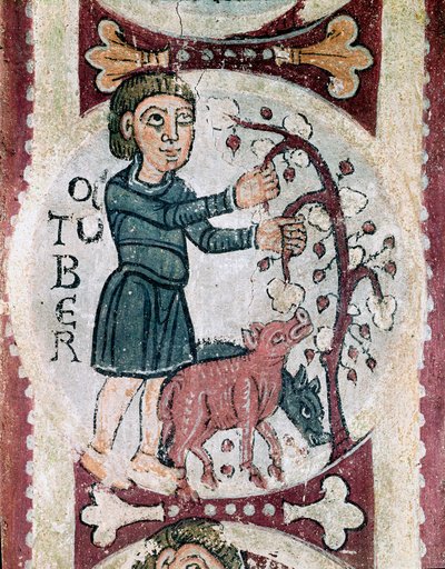 Månedernes cyklus: Oktober: samlingen af agern. Detalje af en fresko fra det 12. århundrede fra Royal Pantheon of the Real Colegiata of San Isidoro (Royal Collegiale of Saint Isidore). Leon. af Unknown artist