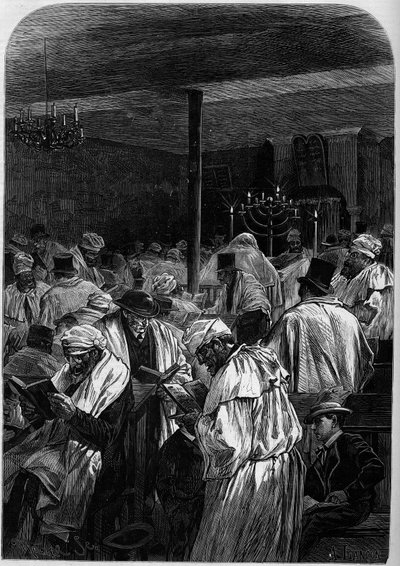 Dagen for jødernes store tilgivelse eller fejringen af Yom Kippur i en synagoge på rue Saint Louis en l