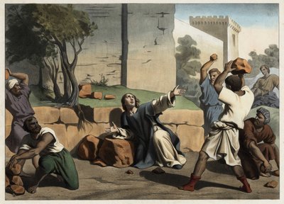Sankt Stefans død: Sankt Stefan stenet af jøderne betragtes som den første kristne martyr. Anonym stik fra midten af 1800-tallet. af Unknown artist