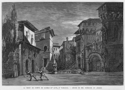 Døden af greven af Gormas, far til Chimene, dræbt af Cid under en duel Illustration af "" Le Cid"" opera af Jules Massenet, efter stykket af Pierre Corneille og digtet af Guillen de Castro. Indgravering af det 19. århundrede af Unknown artist