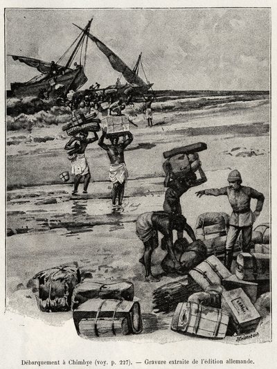 Afbarkningen ved Chimbye (Tanzania) af Peters-ekspeditionen. Gravering til illustration af historien "Au secours d