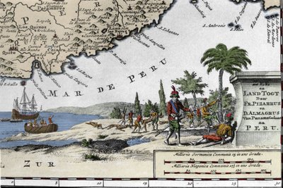 Landstigningen af de spanske conquistadorer Francisco Pizarro (Francois Pizarre af Unknown artist
