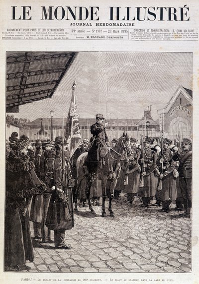 Afgangen af Kompagniet af 200. Regiment. Hilsen til flaget i Gare de Lyon. ""Den illustrerede verden"". 23/03/1895. Tegning. af Unknown artist