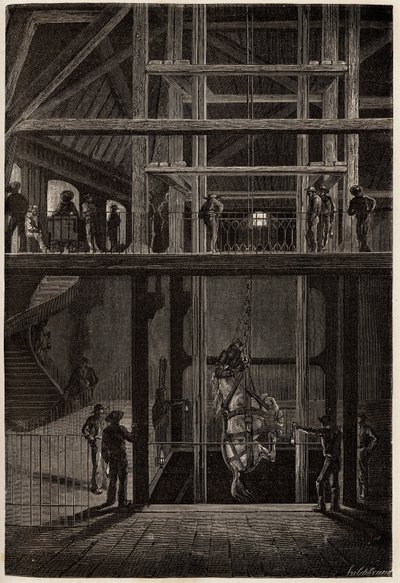 Nedstigningen af en hest i Creusot-minerne, brugt i underjordiske tunneler til transport af kulvogne. Gravering til illustration af en rejse til Creusot og minerne i Saone og Loire, i 1865, af L. Simonin, i "" Le tour du monde, nouveau journal des af Unknown artist