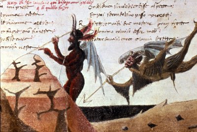 Djævlerne i en cirkel af helvede efter en håndskrevet udgave af Divina Commedia (Den guddommelige komedie) af Dante Alighieri (1265 - 1321) fra det 14. århundrede. Bibl.Trivulziana Milano. af Unknown artist