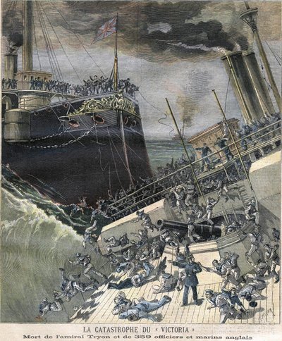 Katastrofen med slagskibet "Victoria" i 1893. Admiral Tryon og 359 officerer og engelsk sømands død af Unknown artist