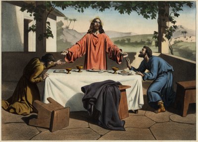 Emaus (Emmaus) disciple møder den opstandne Kristus påskeaftenen, som deler brød. Anonym stik fra midten af 1800-tallet. af Unknown artist