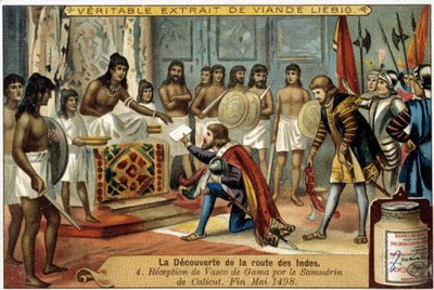 Opdagelsen af Indes-ruten: Modtagelse af Vasco de Gama af Samudrin af Calicut, slutningen af maj 1498 - reklamevignet Liébig af Unknown artist