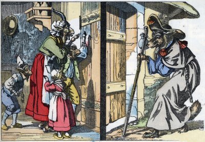 Udklædningsulven banker på døren til huset med bukken og biketterne. Illustration af fortællingen "Compere le Loup, Maitre Renard, Comere la Chevre et ses petits biquets"" efter en fabel af Jean de la Fontaine. I "" Fortællinger fra hjemmet for de små af Unknown artist