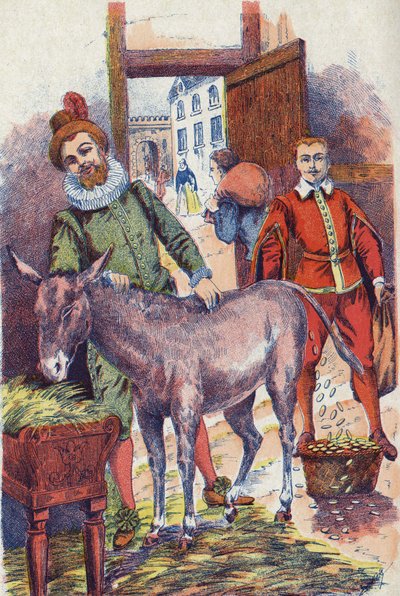 Æslet med guld ecus. Illustration til "" Æselskind""-fortælling af Charles Perrault (1628-1703), fransk forfatter. Anonym illustration. Billedmateriale Marcel Vagne, Jarville Nancy, udateret (slutningen af det 19. århundrede). af Unknown artist