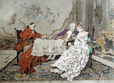 Den dobbelte del En kardinal kæmper et skakspil mod en ung mand, og engagerer sig i et forførelsesspil med en ung kvinde i nærheden af ham. Illustration af det 19. århundrede. Paris, dekorativ kunst af Unknown artist