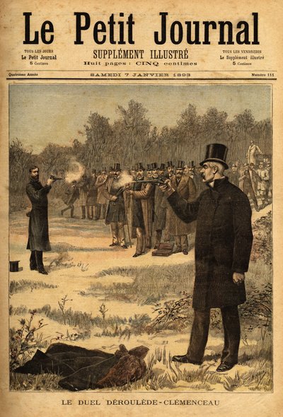 Duellen med pistolen (forbudt i Frankrig siden 1626) mellem deputerede Paul Deroulede (1846-1914) og Georges Clemenceau (1841-1929), ingen skade. Indgravering i "" Le petit journal"" 7/01/1893. Selvas samling. af Unknown artist