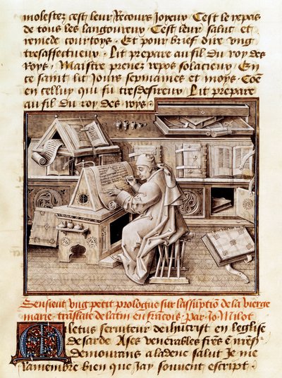 Den kirkelige, kopisten og oversætteren Jean Mielot (død 1472) repræsenterer arbejdet på sit kontor Side af et manuskript fra det 15. århundrede. Paris, B.N. af Unknown artist