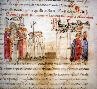 Ekskommunikationen af Firenze og Florentinerne i 1375 - i "" Croniche del Sercambi"", omkring 1400. af Unknown artist