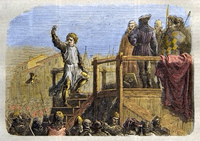 Henrettelsen af Conradin (eller Conrad af Hohenstaufen) konge af Sicilien og hertug af Schwaben (1252-1268) efter ordre fra Karl af Anjou efter slaget ved Tagliacozzo i 1268” (henrettelse af Conradin (eller Conrad den yngre), sidste Staufer-konge af Sicili af Unknown artist
