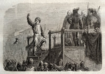 Henrettelsen af Conradin (eller Conrad af Hohenstaufen) konge af Sicilien og hertug af Schwaben (1252-1268) efter ordre fra Karl af Anjou efter slaget ved Tagliacozzo i 1268” (henrettelse af Conradin (eller Conrad den yngre), sidste Staufer-konge af Sicili af Unknown artist