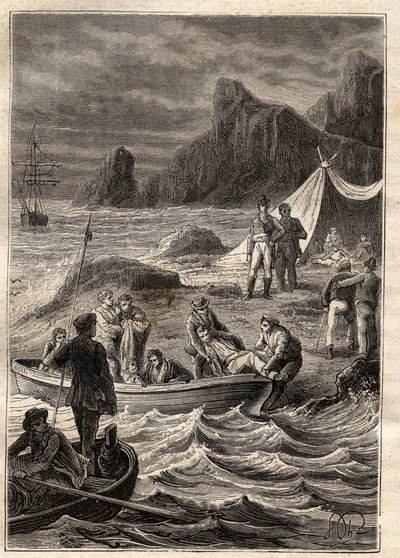 Ekspeditionen til de sydlige lande (1800-1803) af Nicolas Baudin (1754-1803): de syge af skørbug blev transporteret i land i Adventure Bay (Tasmanien, Australien) - illustration taget fra "The Great Mariners of the 18th century" ” af Unknown artist