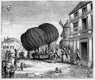 Den første aerostat forlængede Robert-brødrene foran prinsen af Ghistelles slot den 19. september af Unknown artist
