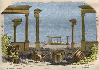 De fem ordener af klassisk (gammel) arkitektur: korintisk, dorisk, ionisk, toscansk og sammensat, hver repræsenteret af en søjle. Indgravering fra 1857 i "" Le Musee Des Sciences"" af Unknown artist