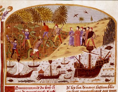 Flåden af kong Alexander den Store Miniature taget fra "" Book of Facts of Alexander the Great"" af Quintus Curtius Rufus (Quinte Curce) (1. århundrede), omkring 1468 - (Ms 1335) Reims, Kommunalbibliotek af Unknown artist