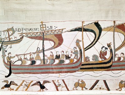 Vilhelm I Erobrerens flåde (1027 - 1087) på vej til England - Bayeux-tapet, kendt som Broderi af Dronning Mathilde af Unknown artist