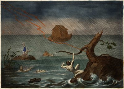 Syndfloden med Noas ark i det fjerne. Anonym stik fra midten af 1800-tallet. af Unknown artist