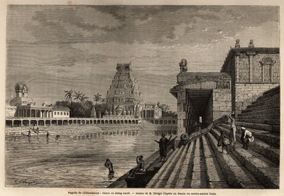 Den ghaut eller hellige dam af Chillambaran Pagoda, beliggende ved den Bengalske Bugt, nær Pondichery (Pondicherry) (Indien); nogle fideles går ned ad den monumentale trappe for at tage et bad eller udføre rensende afvaskninger. Gravering for at illustrere af Unknown artist