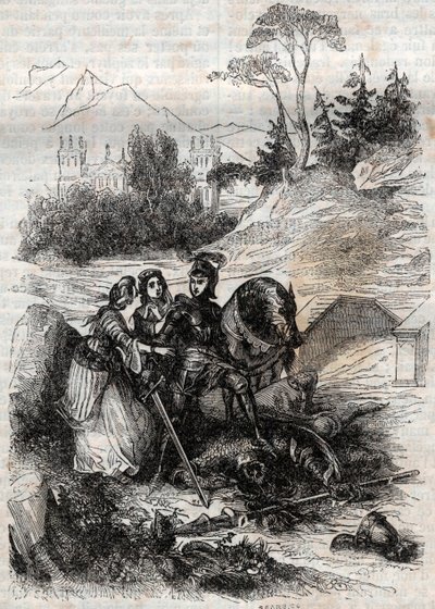 Den kæmpe eriphile besejret af Roger (Ruggero, Ruggiero) - Indgravering af 1851 fra "" Furious Roland"" (1500-tallet) af Ludovico Ariosto, kendt som Ariosta - Udgave oversat fra italiensk af greven af ​​Tressan og udgivet af Gust af Unknown artist