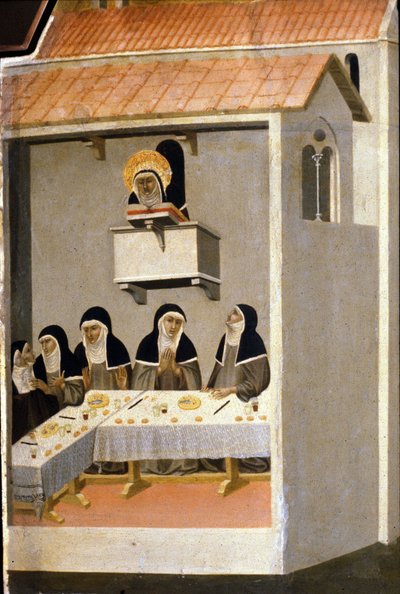 De gode søstre spiser fisk. 13. århundrede. af Unknown artist
