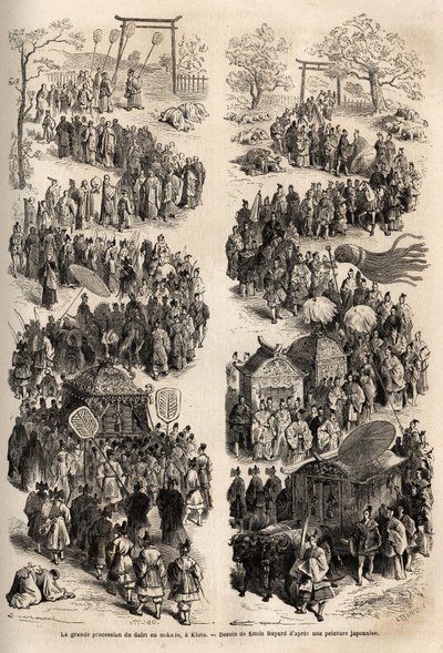 Den store procession af Mikado (kejser af Japan), ved dairi, det gamle kejserborg Heian-kyo (Heian Kyo, det nuværende Kyoto) fra 794 til 1869. Indgravering til illustration af rejsen til Japan i 1863-1864, af Aime Humbert, schweizisk minister af Unknown artist