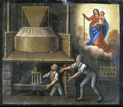 En ung arbejders hånd er fanget i en møllesten. af Unknown artist