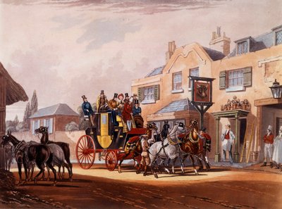 Hestestafetten af en flid under et stop i en kro. Tryk af det 19. århundredes privatsamling af Unknown artist