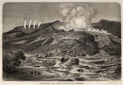 Den varme kilde i Te Tarata, omgivet af terrasser overlejret med hvidt silica, til venstre fire gejsere og til højre sø og vandfald, tegnet af Lancelot, for at illustrere Ferdinand de Hochstetters rejse til New Zealand fra 1858 til 1860. Engr. af Unknown artist