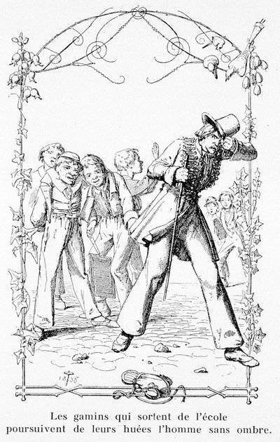 De børn, der forlader skolen, jagter manden uden skygge - i "Den vidunderlige historie om Pierre Schlemihl" af Adelbert Von Chamisso af Unknown artist