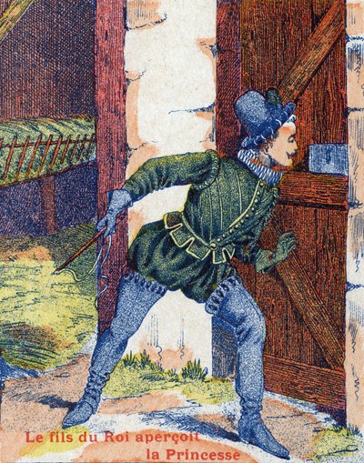 Kongens søn så prinsessen. Illustration til "" Æselskind""-fortælling af Charles Perrault (1628-1703), fransk forfatter. Billedmateriale Marcel Vagne, Jarville Nancy, udateret (slutningen af det 19. århundrede). af Unknown artist