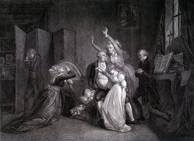 Det sidste interview af Louis XVI med hans familie (Marie Antoinette og Louis XVII). Indgravering af det 19. århundrede. af Unknown artist