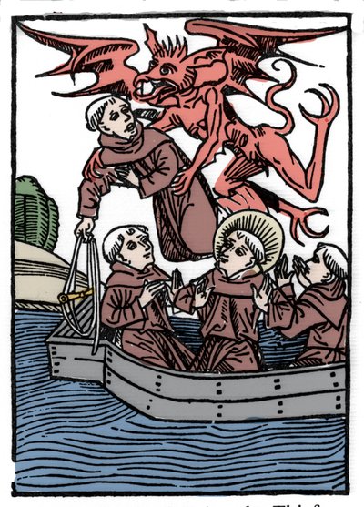 Legenden om Saint Brendan (Brandan), helte og irsk helgen fra det 6. århundrede. Djævelen tager tyvemunken væk. Indgravering af "" Die Wunderbare Meerfahrt des Hl. Brandan." balle af Unknown artist