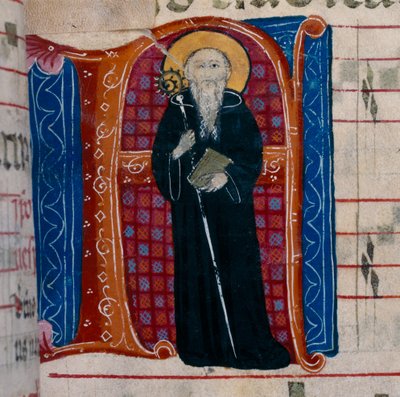 Bogstavet A med en afbildning af Sankt Benedikt: f.70r af en Antifonar af Unknown